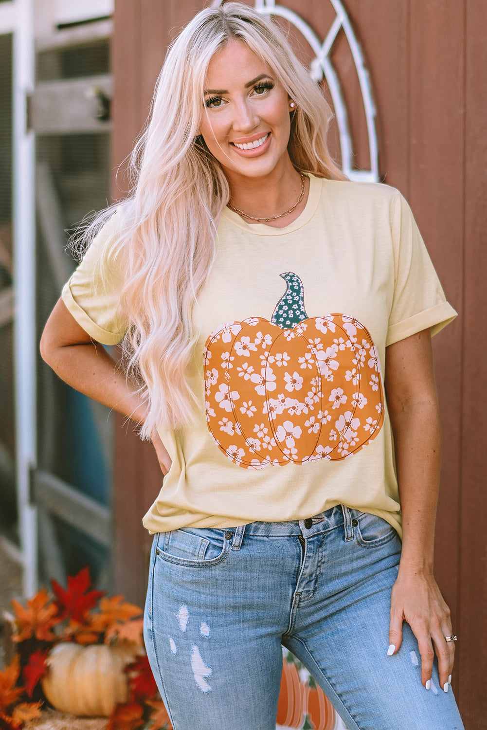 Khaki Sweet Floral Pumpkin Graphic Tee