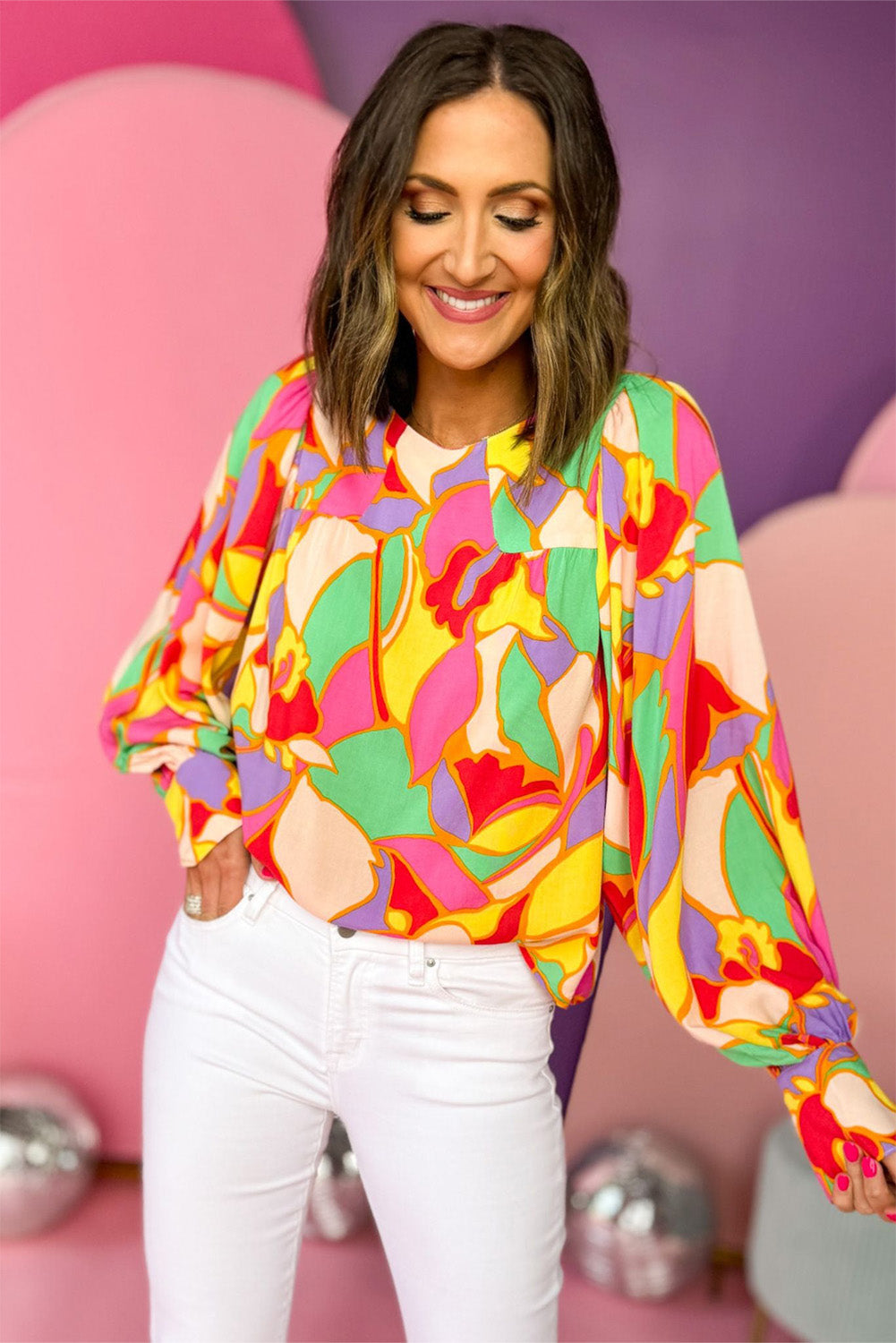 Abstract Print Puff Sleeve Blouse