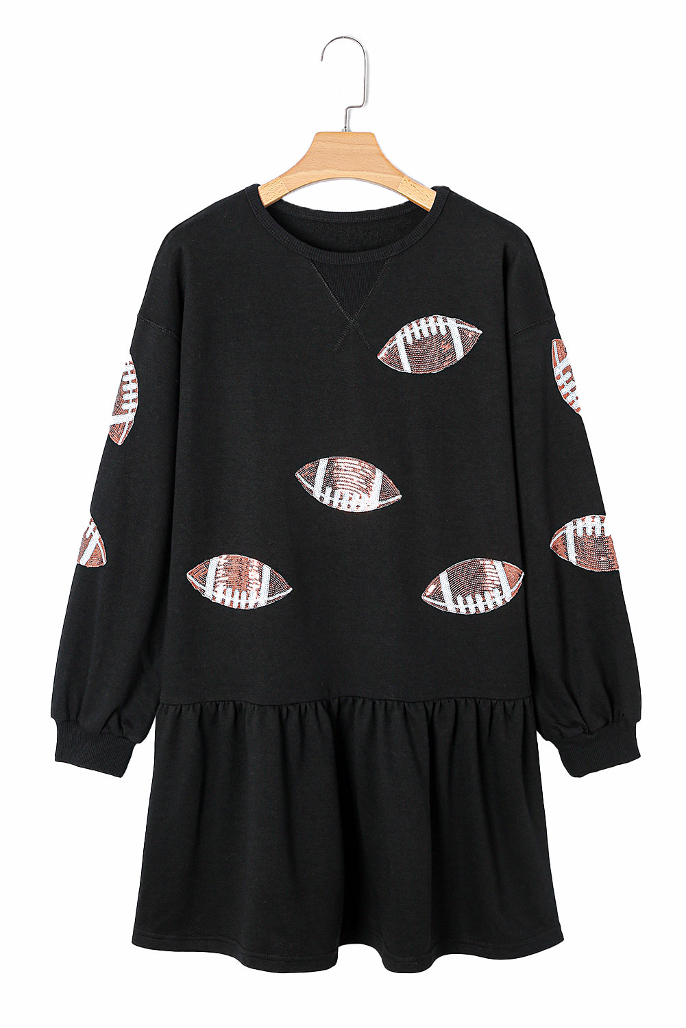 Black Game Day Sequin Football Pattern Ruffled Short Dress