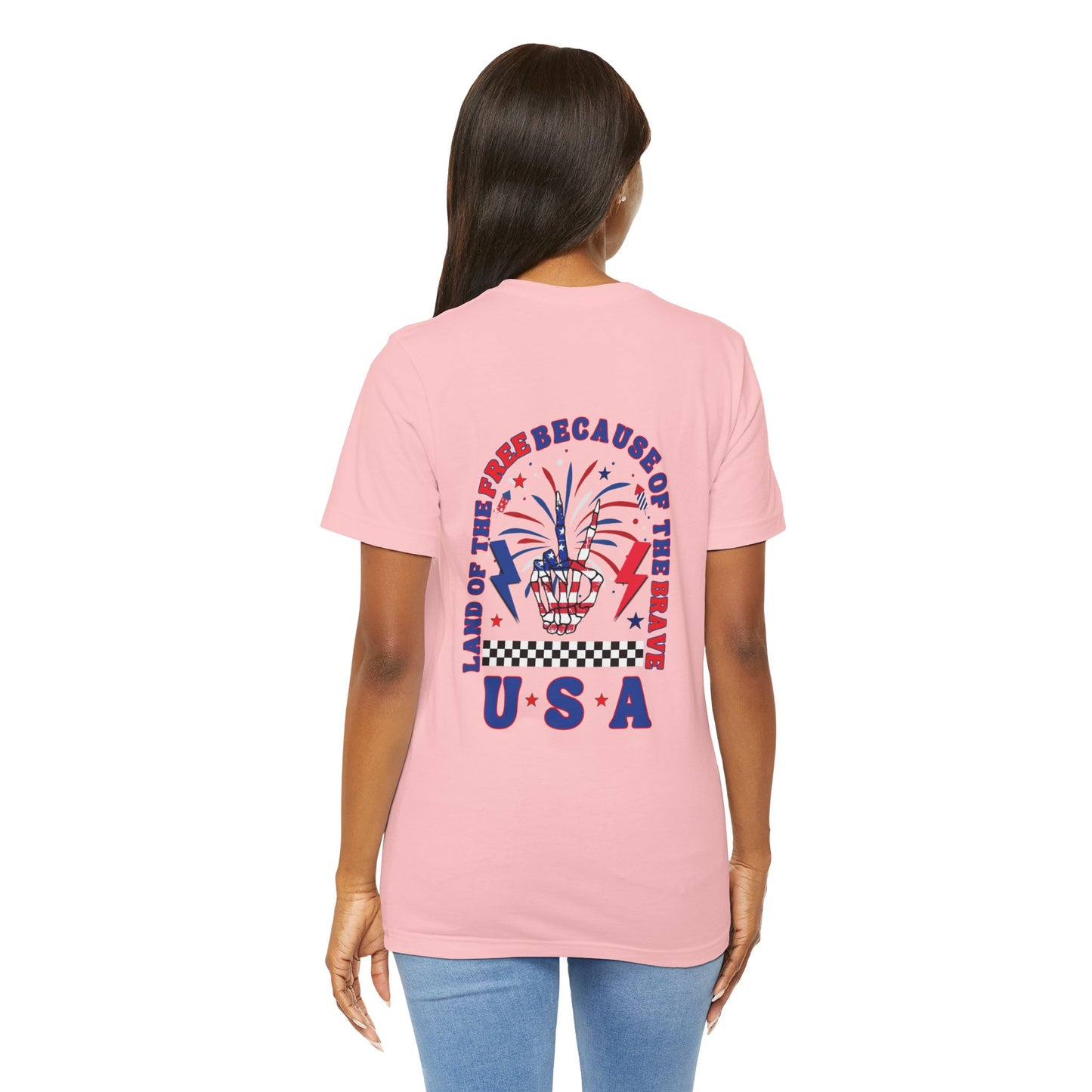 Patriotic Skeleton Peace Hand (Front & Back) Unisex Jersey Short Sleeve Tee