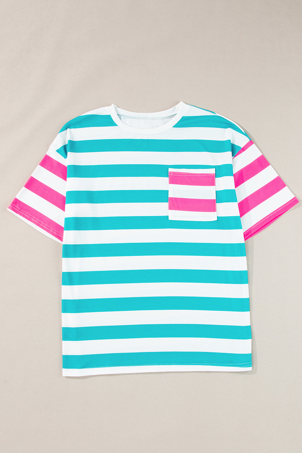 Blue Stripe Contrast Patch Pocket Drop Sleeve T Shirt