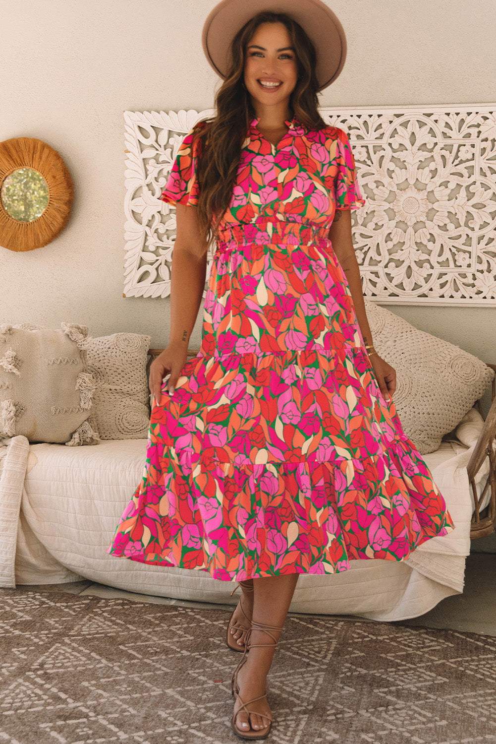 Pink Floral Short Sleeve Smocked Waist Maxi Dress