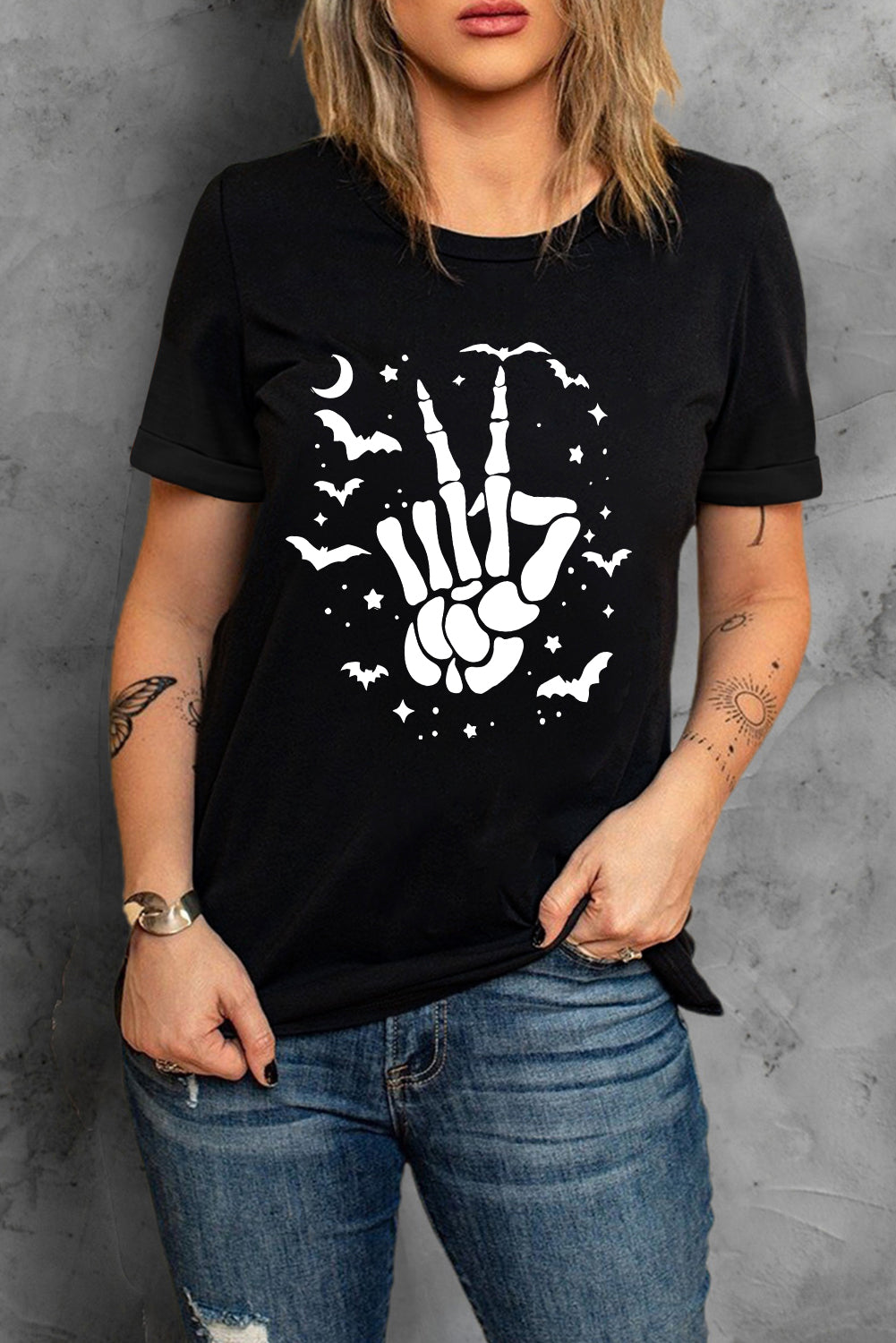 Black Halloween Bat & Skeleton Hand Graphic Tee