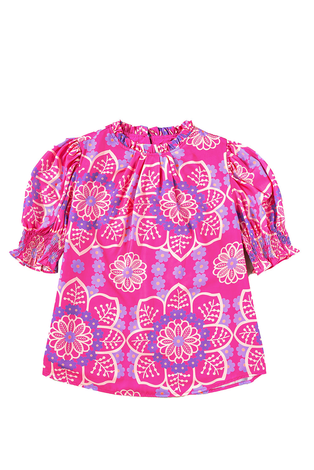 Floral Print Frilled Neck Smocked Puff Sleeve Blouse