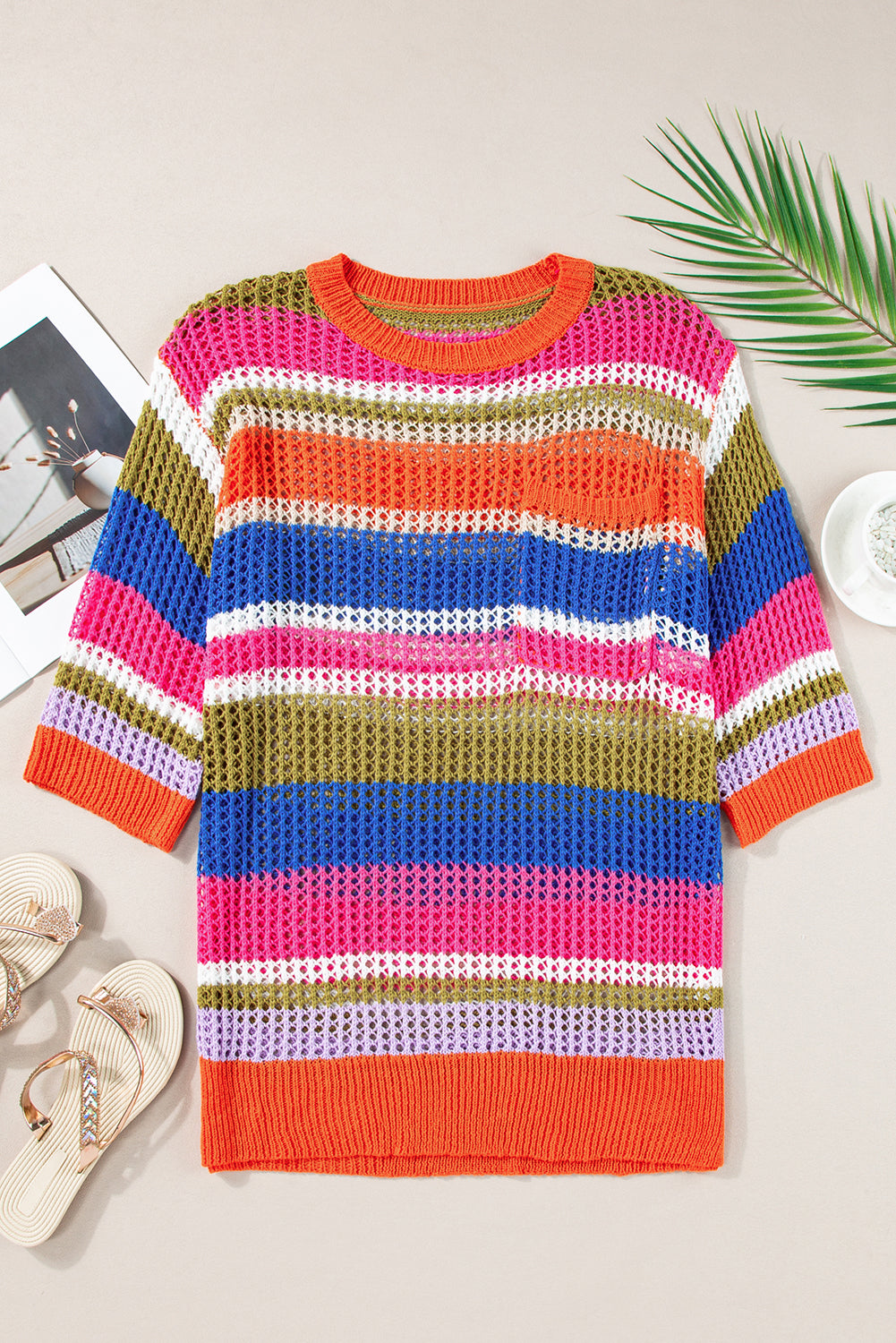 Striped Colorblock Hollowed Crochet 3/4 Sleeve Sweater