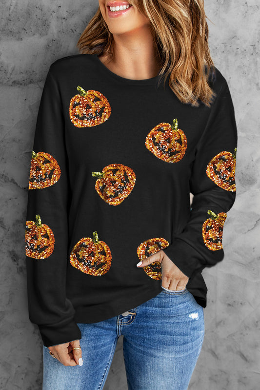 Halloween Sequin Pumpkin Face Pullover Long Sleeve Top