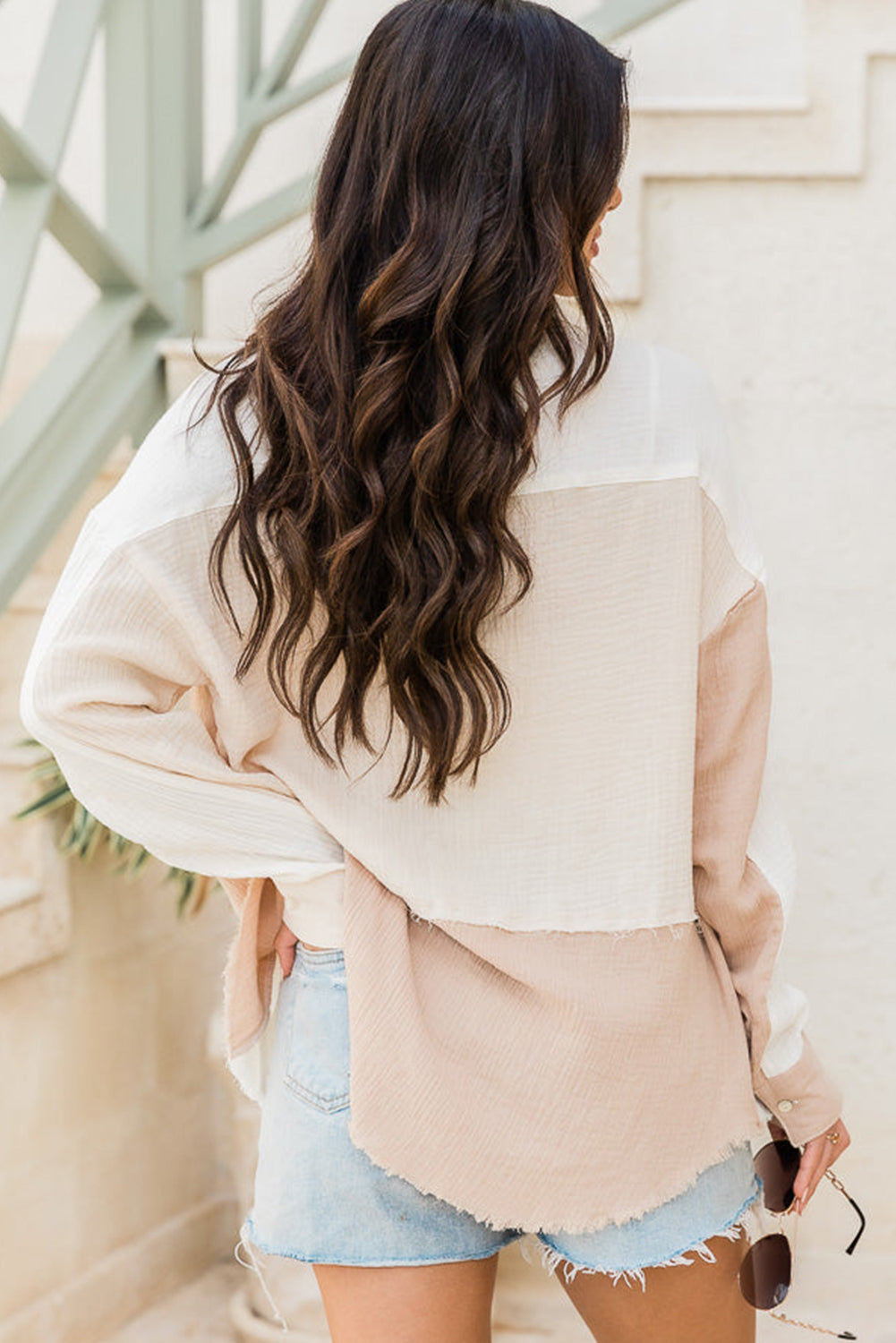 Rose Color Block Buttoned Raw Hem Textured Shirt