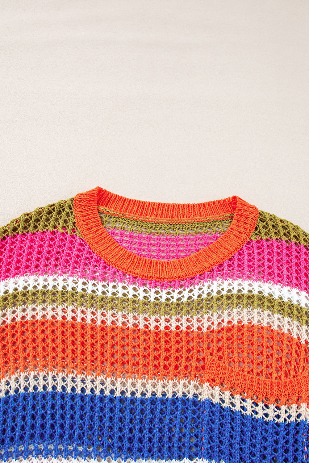 Striped Colorblock Hollowed Crochet 3/4 Sleeve Sweater