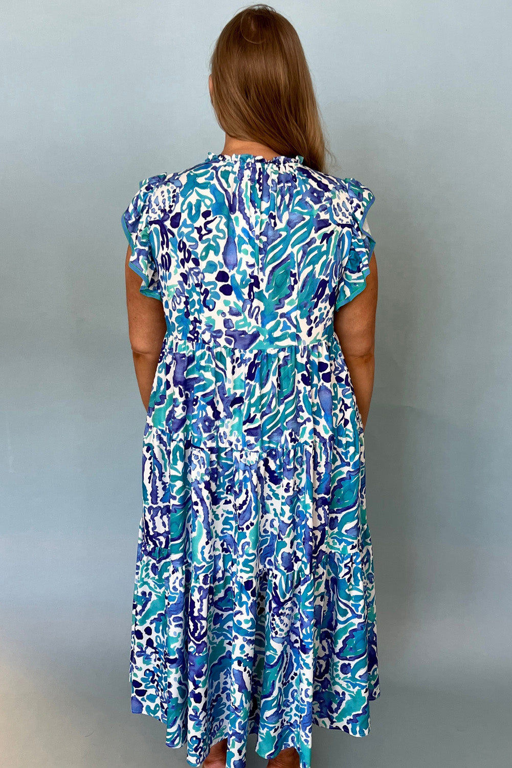 Plus Size Abstract Print Split Neck Ruffled Sleeve Tiered Long Dress