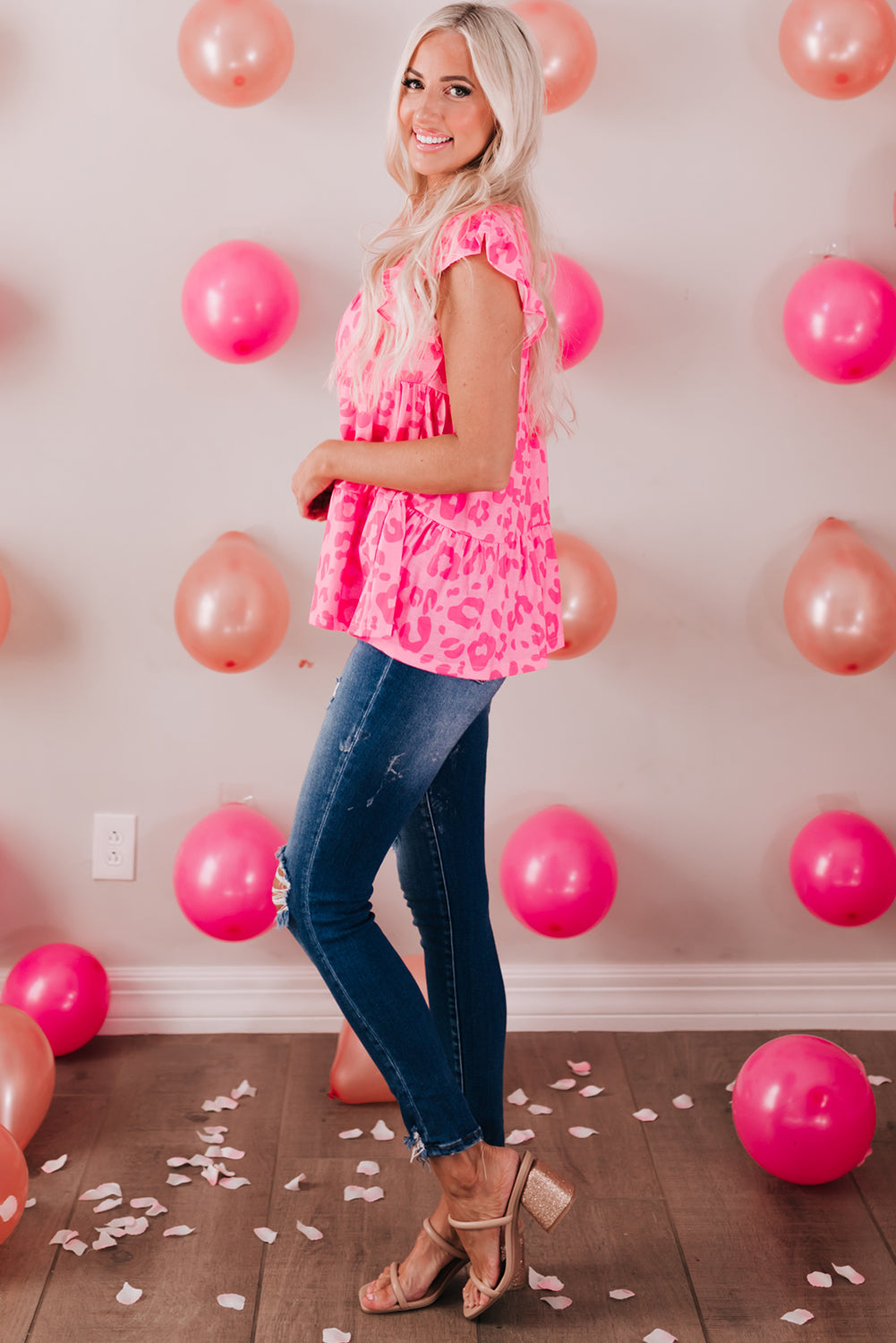 Sky Blue Leopard Print Flutter Sleeve Tiered Tank Top