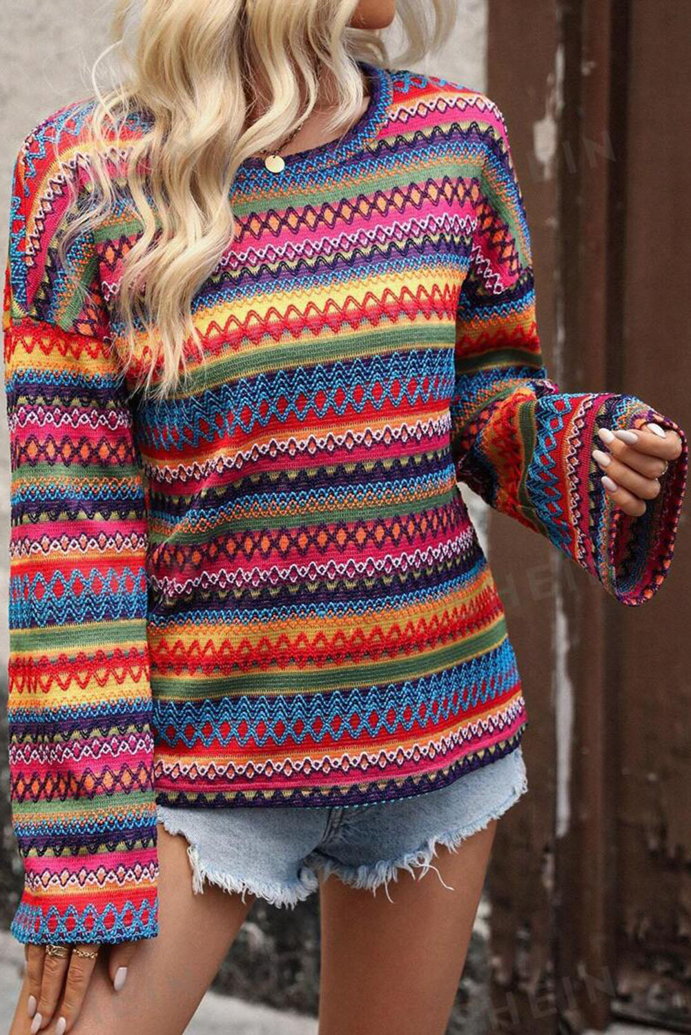 Multicolor Jacquard Geo Long Sleeve T Shirt