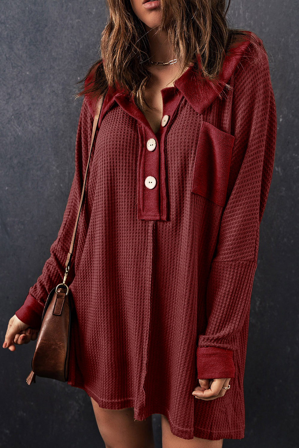 Waffle Knit Buttoned Long Sleeve Top