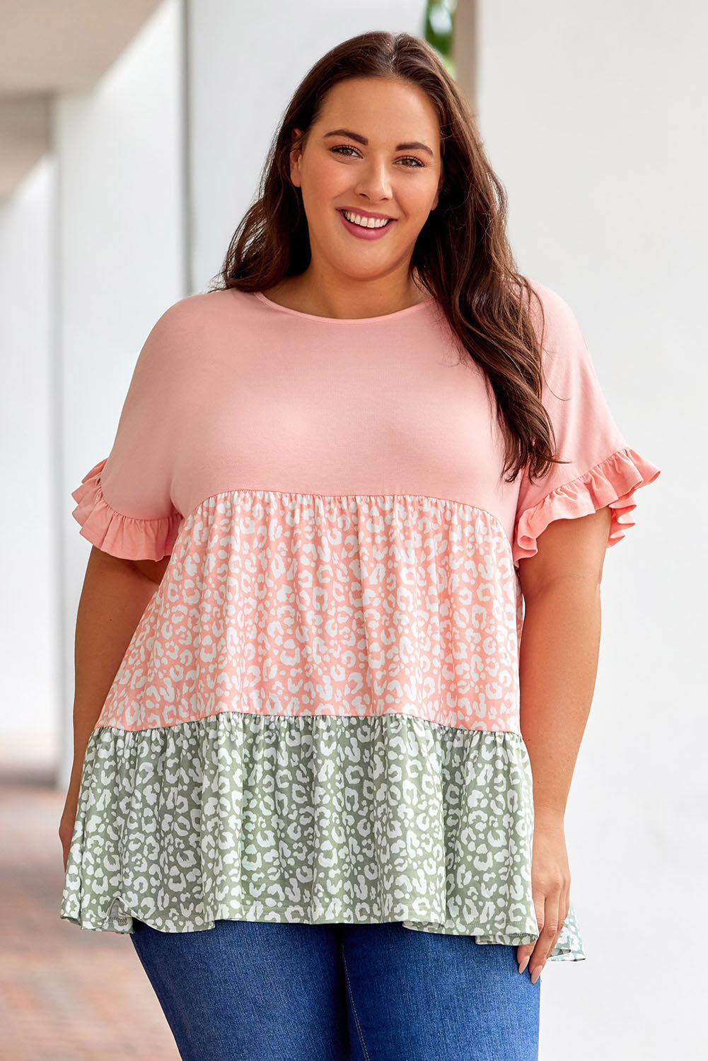 Pink Ruffled Short Sleeve Leopard Splicing Flowy Plus Size Top