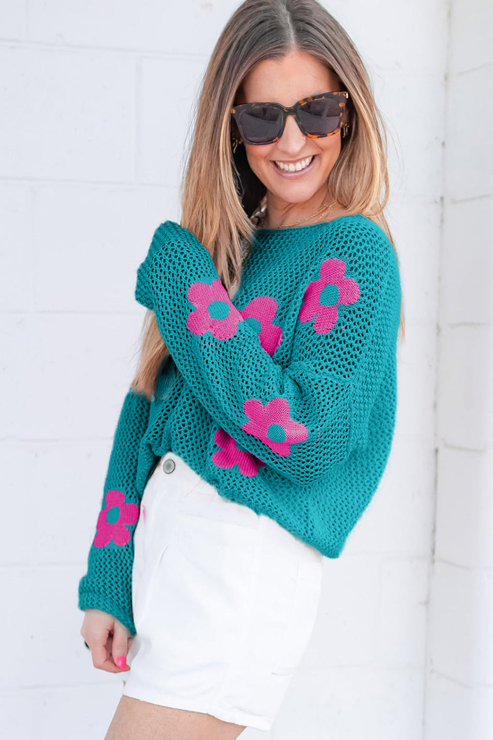 Flower Hollowed Knit Drop Shoulder Sweater