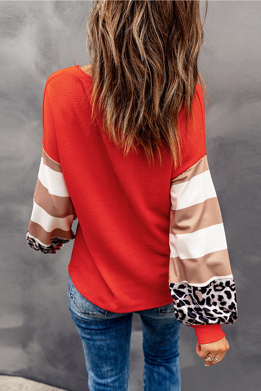 Pumpkin Graphic Leopard Striped Colorblock Sleeve V Neck Top