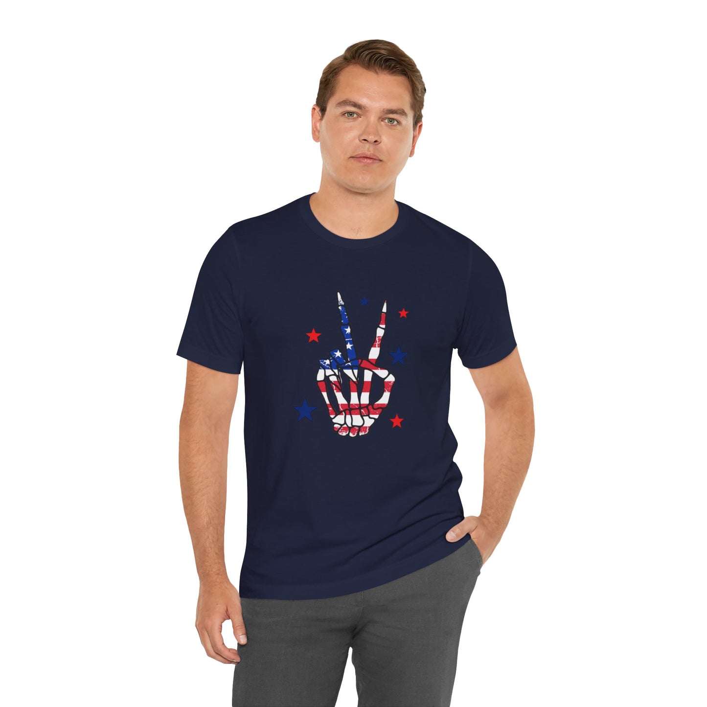 Patriotic Skeleton Peace Hand Unisex Jersey Short Sleeve Tee