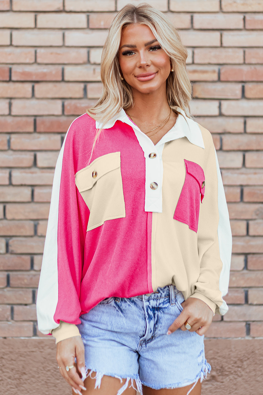 Beautiful Colorblock Ribbed Collared Oversized Sweatshirt