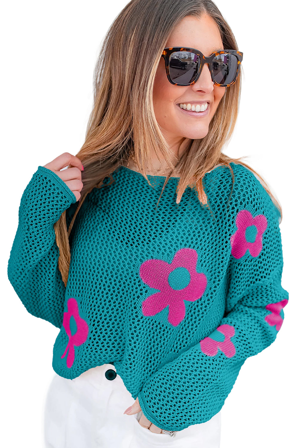 Flower Hollowed Knit Drop Shoulder Sweater