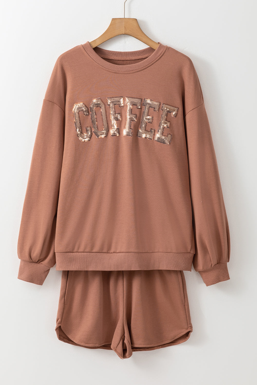 Sequined COFFEE Loose Fit Sweatshirt and Shorts Set