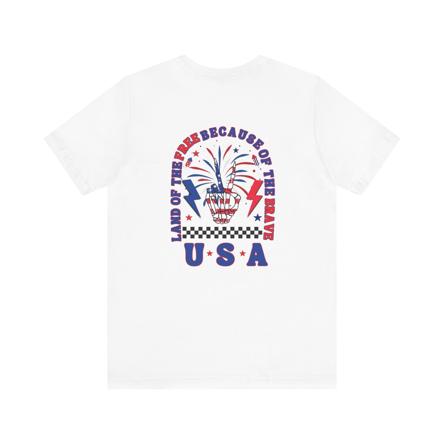 Patriotic Skeleton Peace Hand (Front & Back) Unisex Jersey Short Sleeve Tee