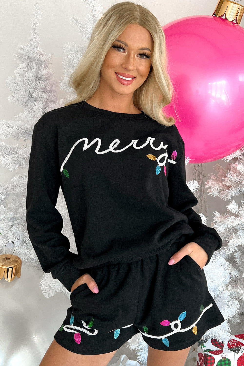 Sequin Merry Graphic Pullover and Shorts Outfit