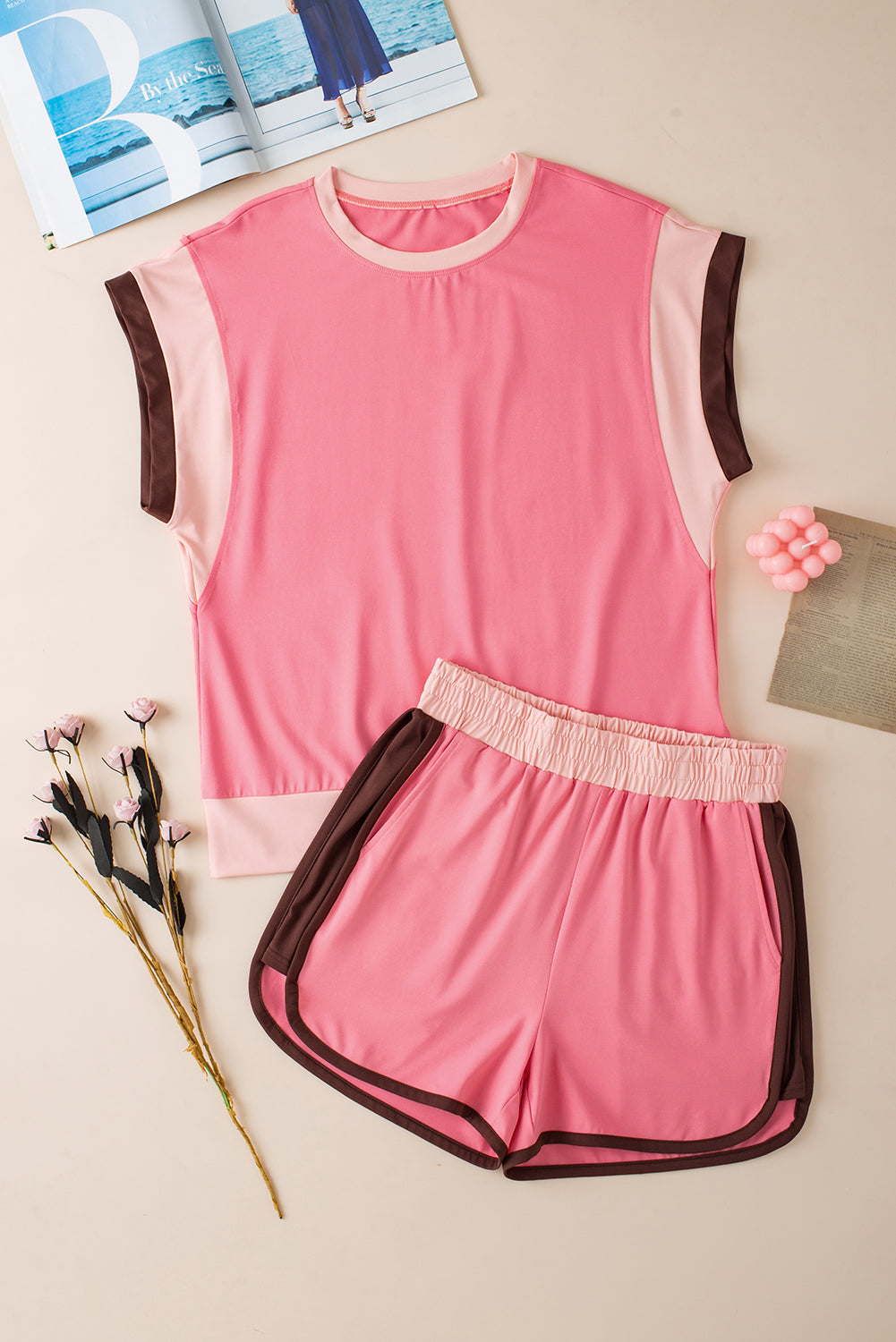 Rose Red Contrast Trim Cap Sleeve Tee Shorts Set