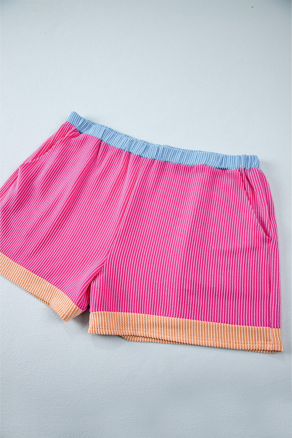 Bright Pink Textured Knit Contrast Trim Plus Shorts Set