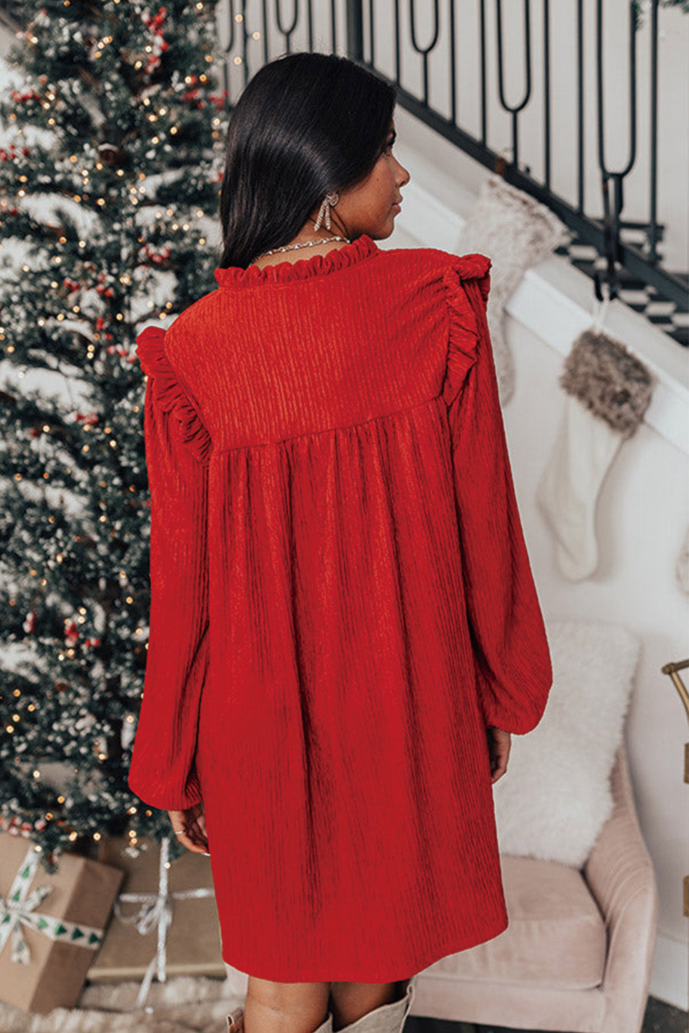 Fiery Red Textured Ruffled Trim V Neck Loose Fit Mini Dress