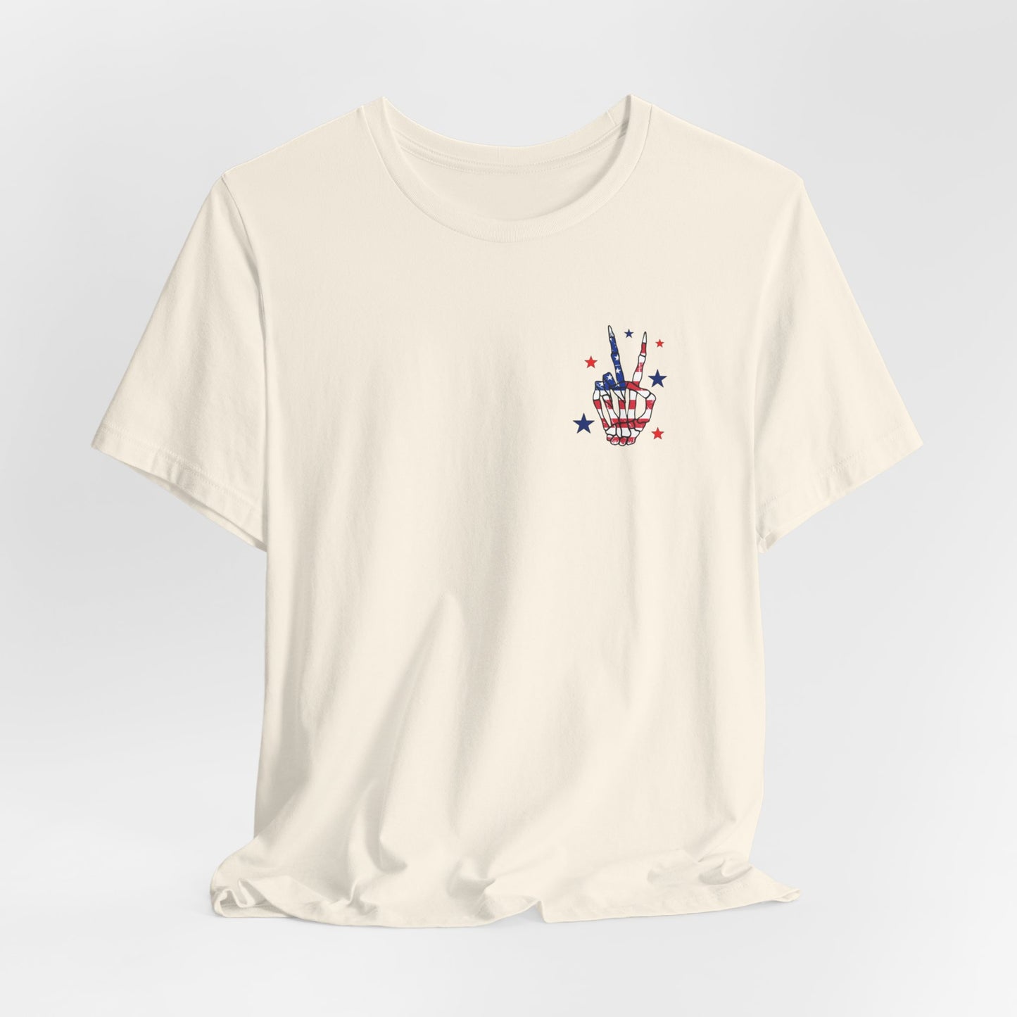 Patriotic Skeleton Peace Hand (Front & Back) Unisex Jersey Short Sleeve Tee