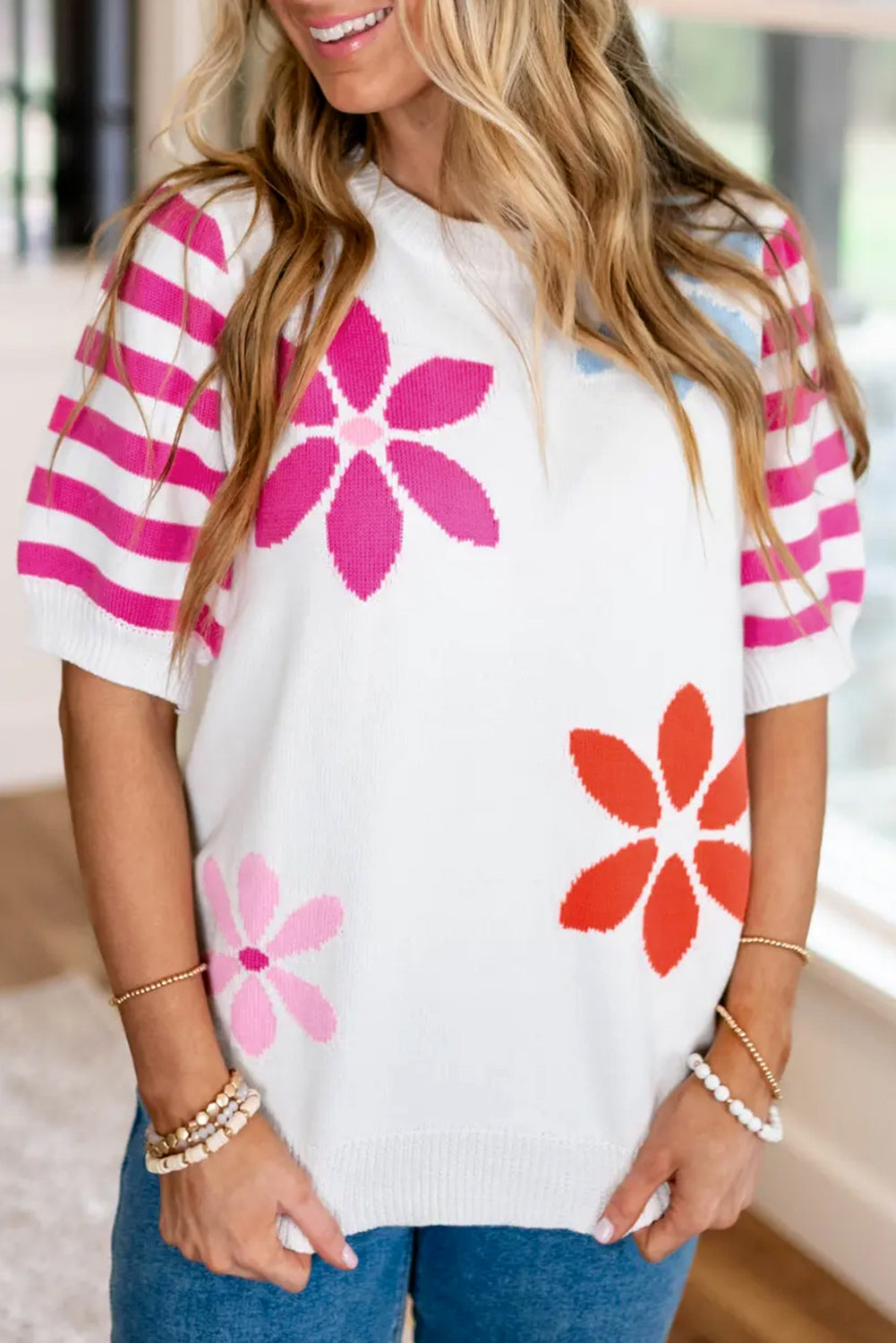 Floral Pattern Striped Sleeve Sweater T Shirt