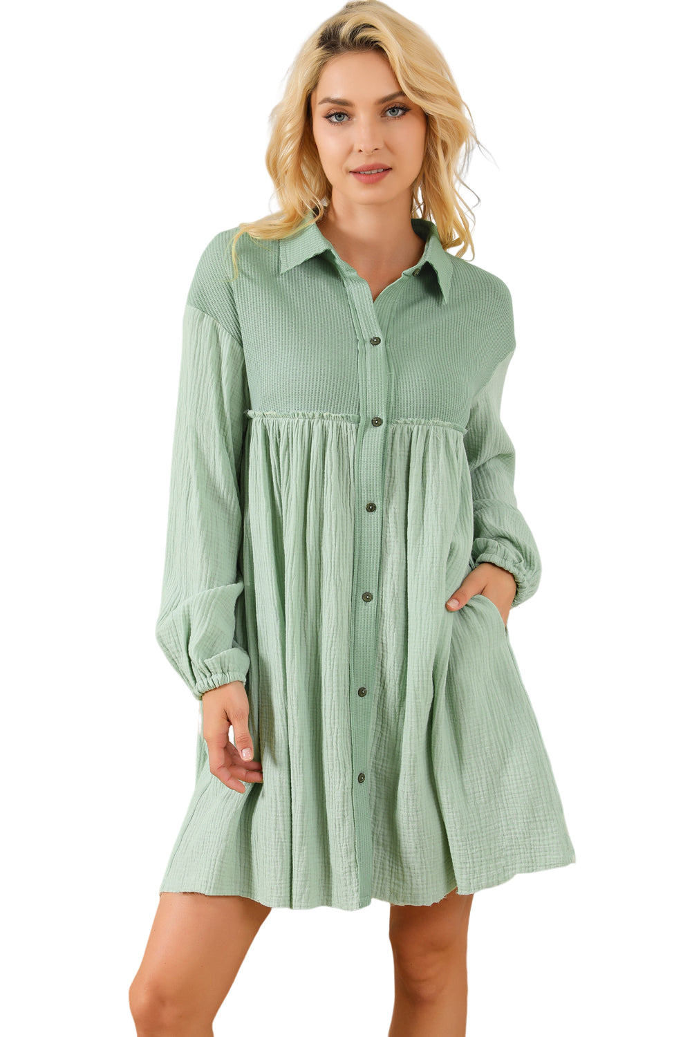 Patchwork Crinkle Puff Sleeve Shirt Dress