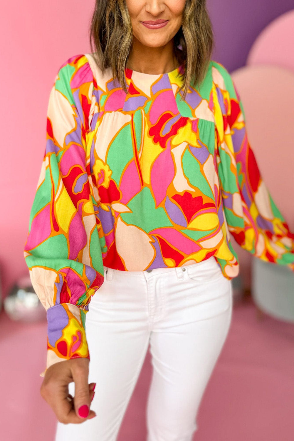 Abstract Print Puff Sleeve Blouse