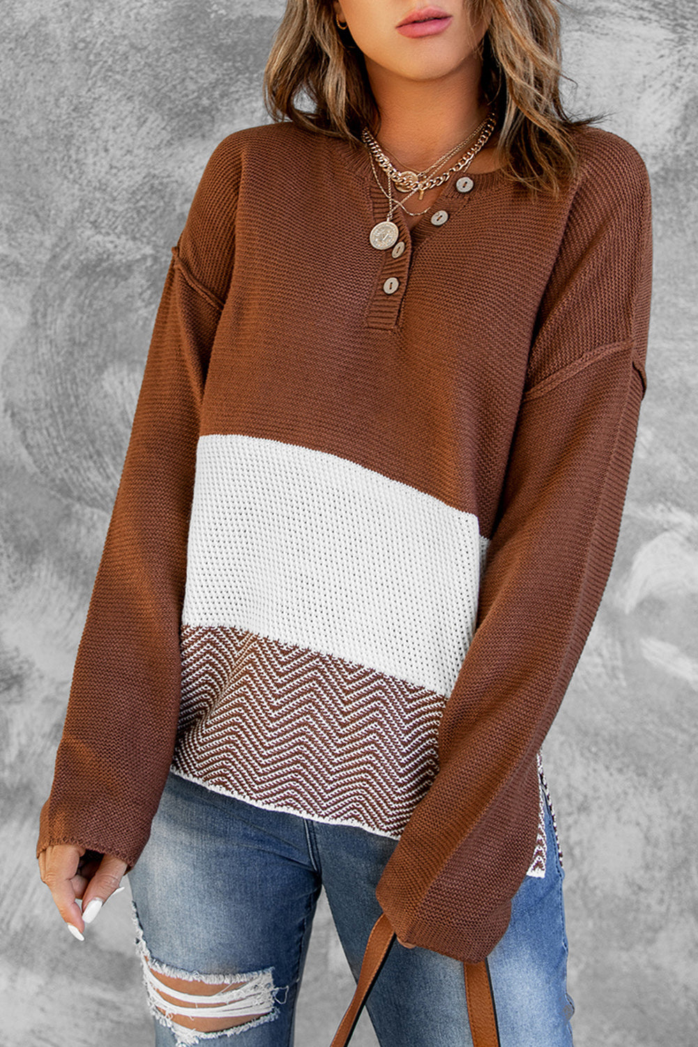 Spliced Buttoned Knitted Long Sleeve Sweater