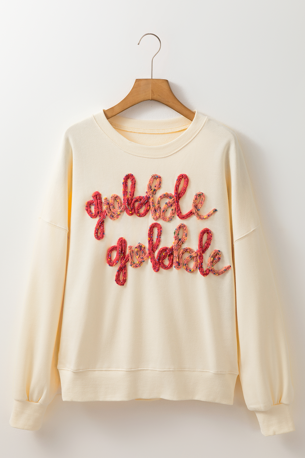 Thanksgiving Gobble Gobble Embroidered Pattern Drop Shoulder Crew Neck Sweatshirt