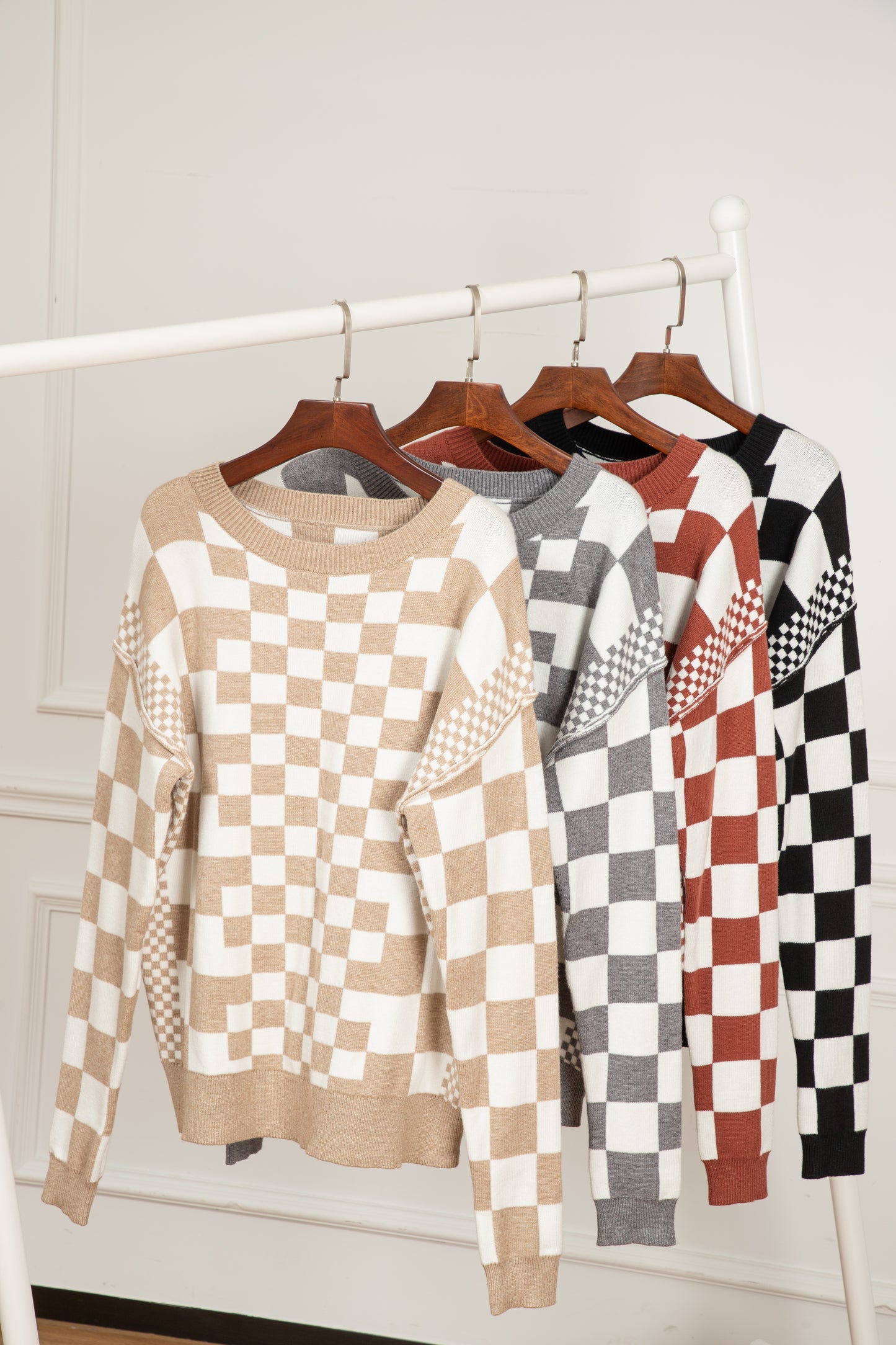 Checkered Print Drop Shoulder Round Neck Sweater