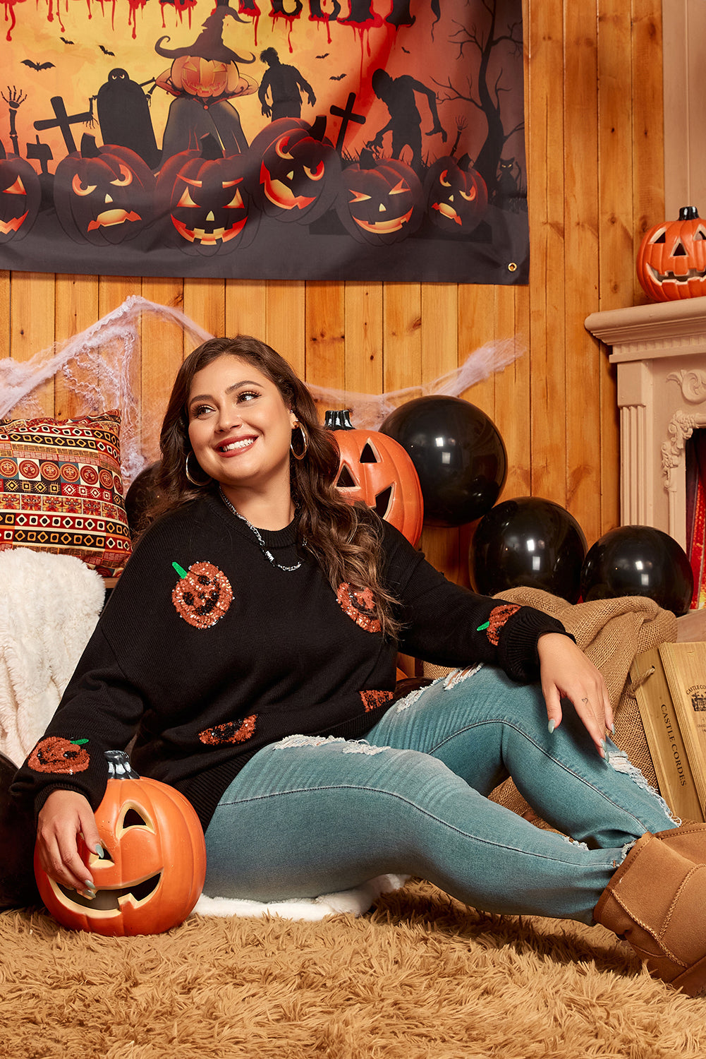 Plus Size Halloween Sequined Pumpkin Pattern Sweater