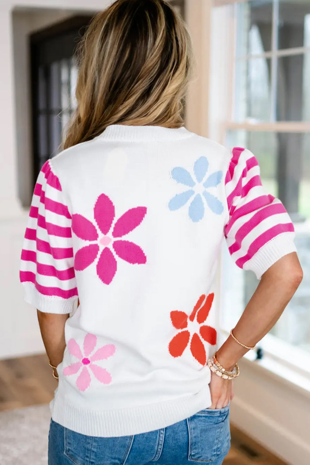 Floral Pattern Striped Sleeve Sweater T Shirt