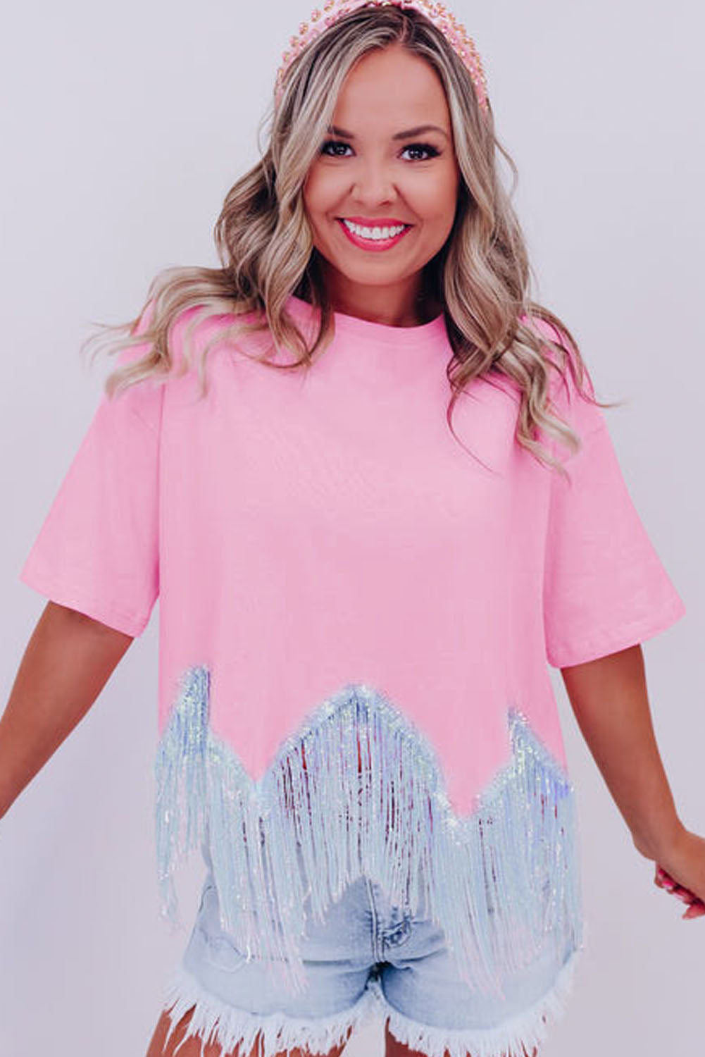 Moonlight Jade Fringed Sequin Crop T-shirt