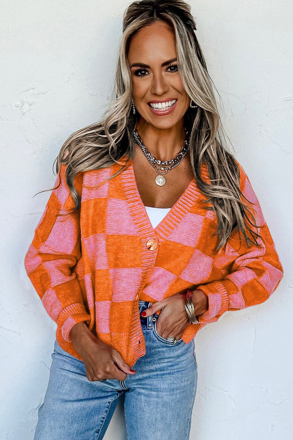 Checkered Drop Shoulder Buttoned V Neck Cardigan