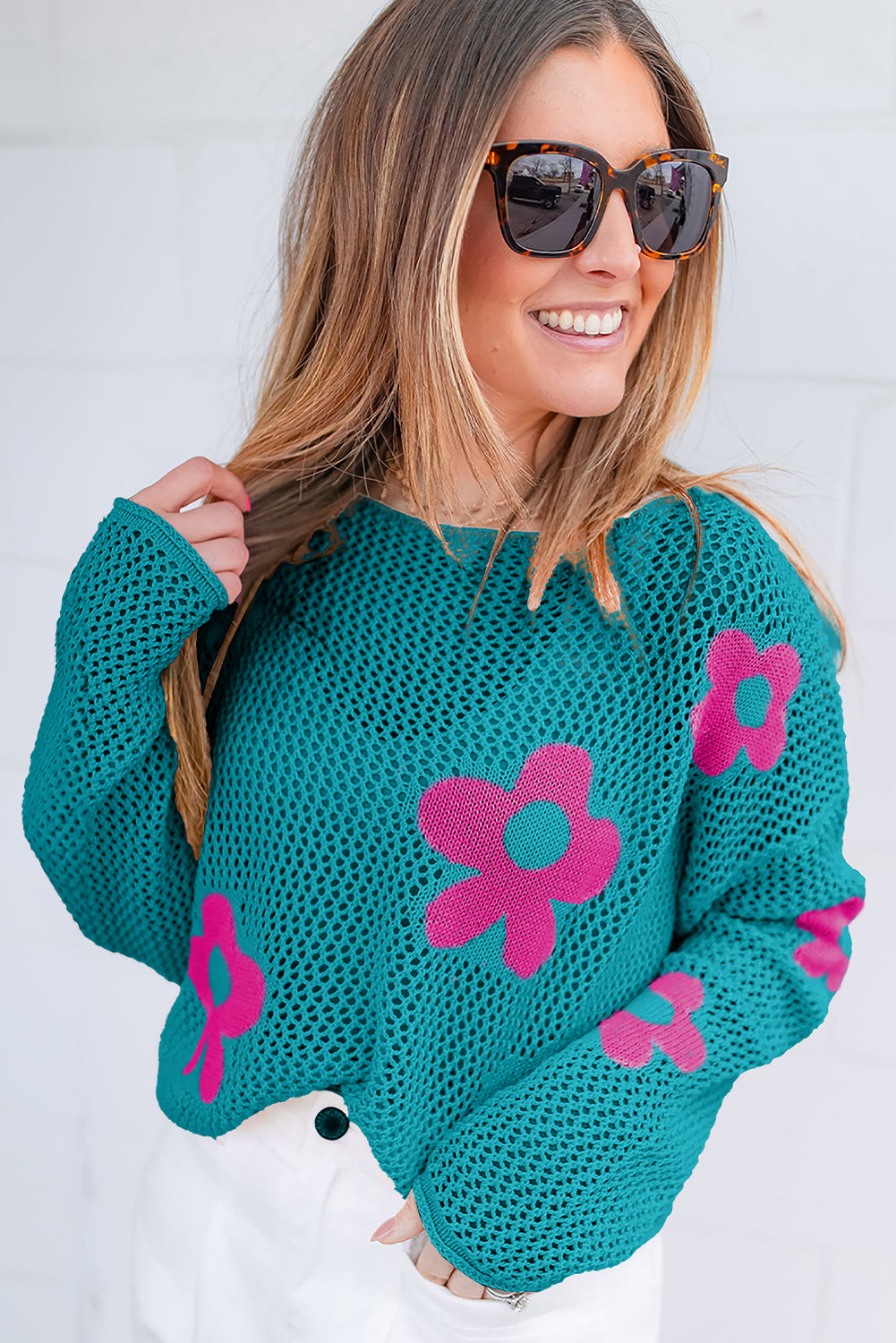 Flower Hollowed Knit Drop Shoulder Sweater