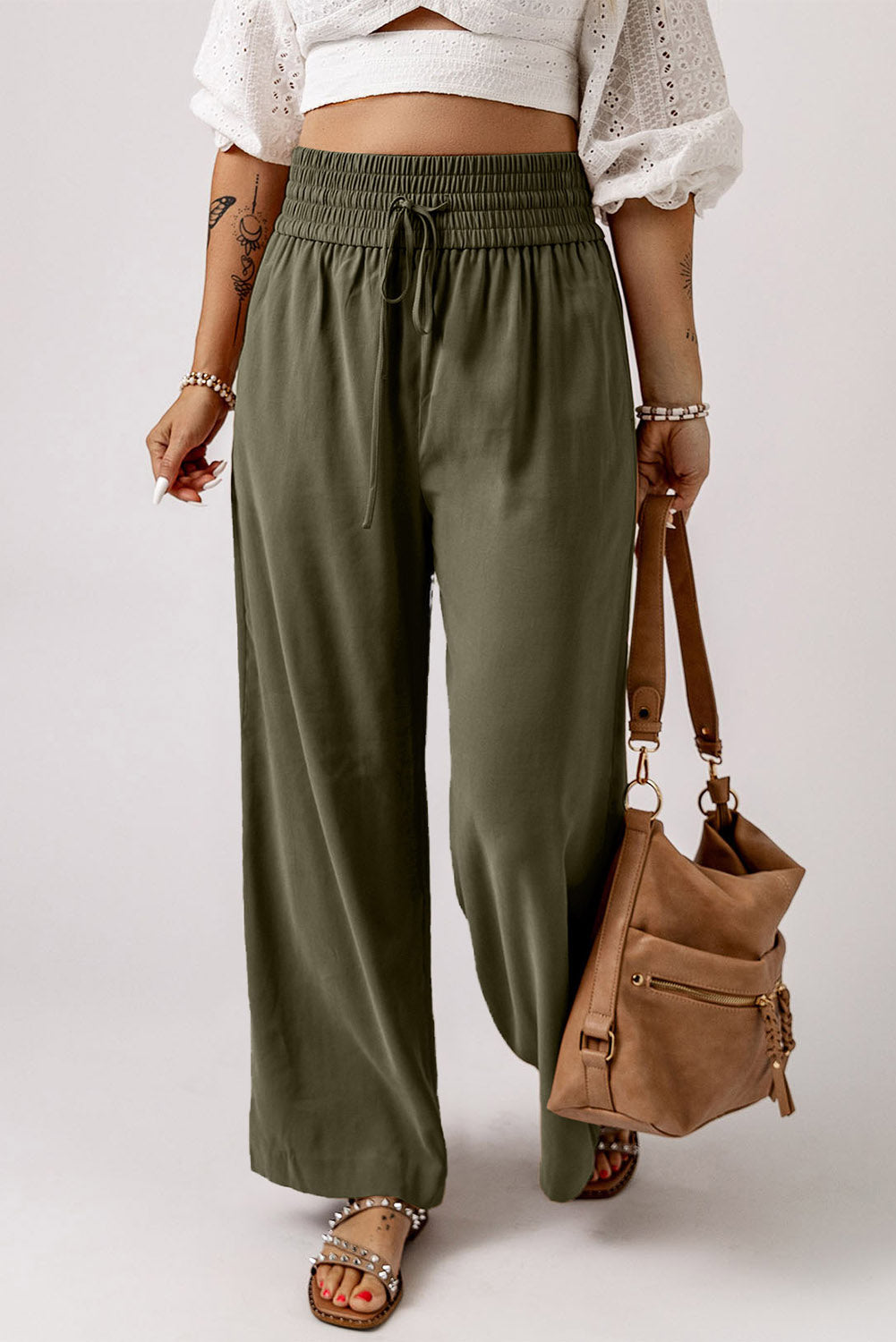 Green Brown Drawstring Elastic Waist Casual Wide Leg Pants