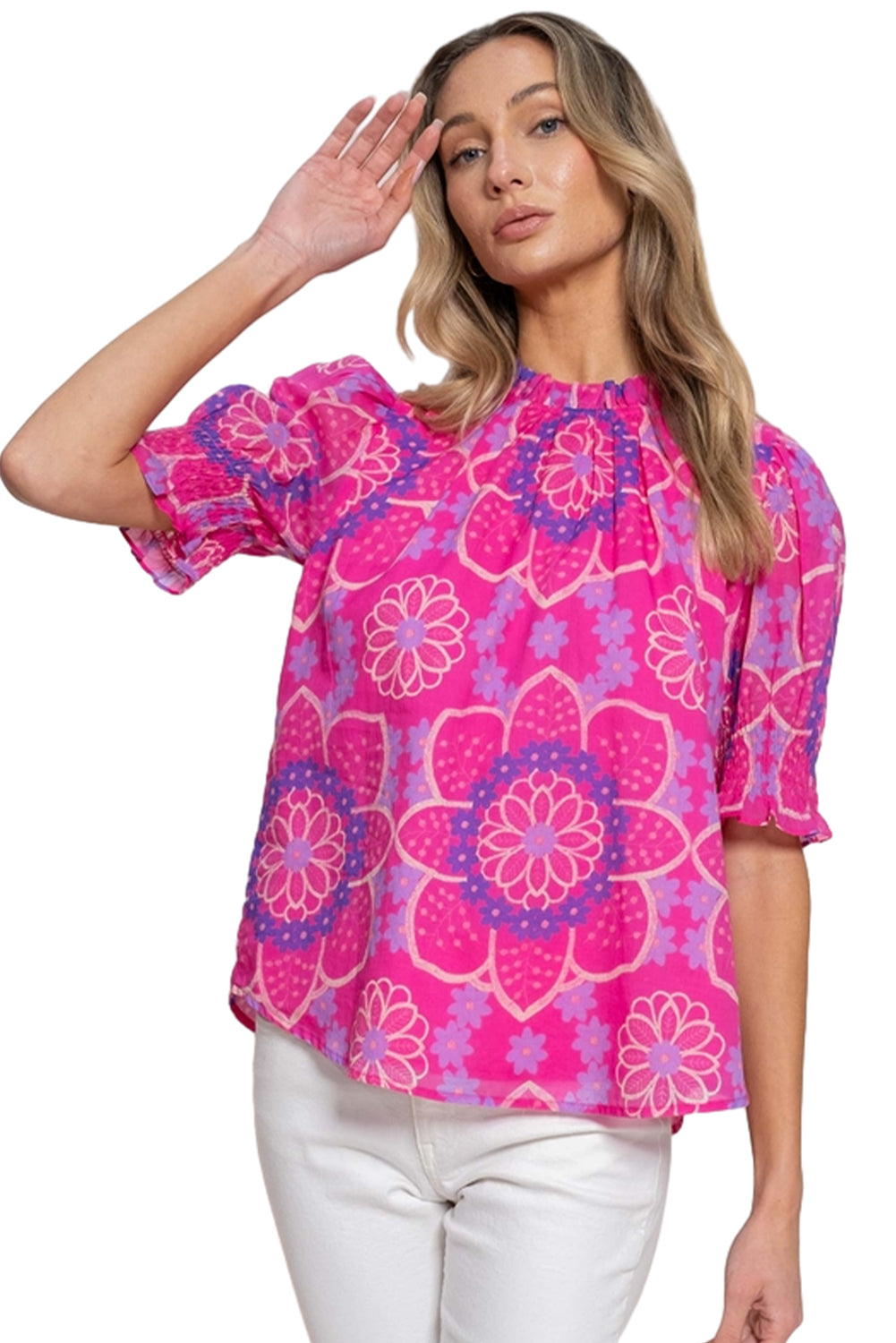 Floral Print Frilled Neck Smocked Puff Sleeve Blouse