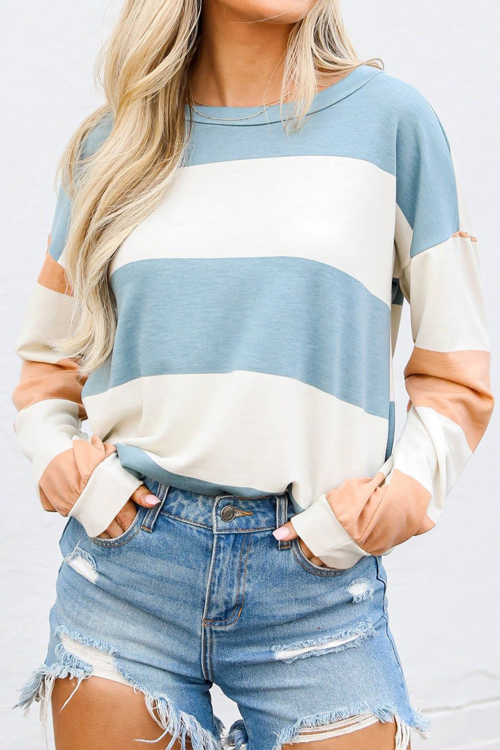 Colorblock Striped Drop Shoulder Long Sleeve Top