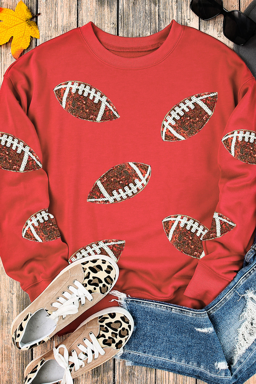 Fiery Red Sequined Football Graphic Drop Shoulder Sweatshirt