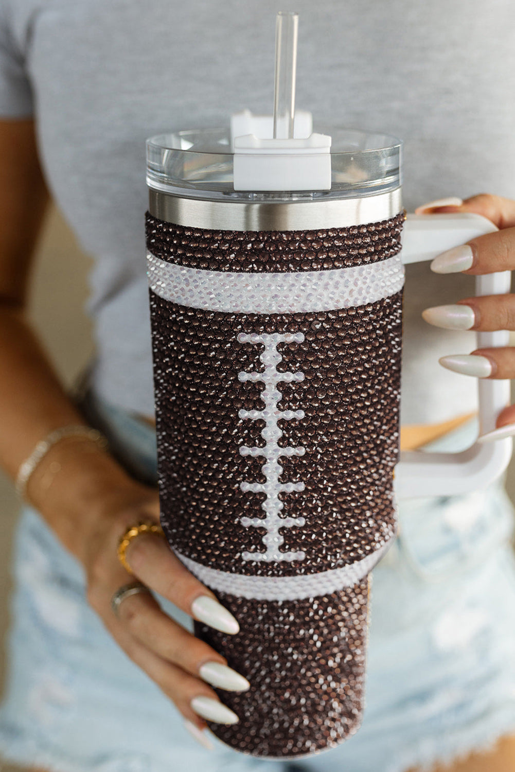 Chestnut Contrast Rhinestone Football Stainless Steel Tumbler 40oz