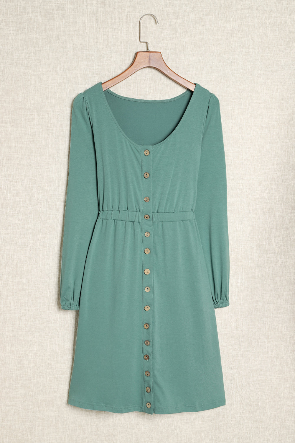 Green Button Up High Waist Long Sleeve Dress