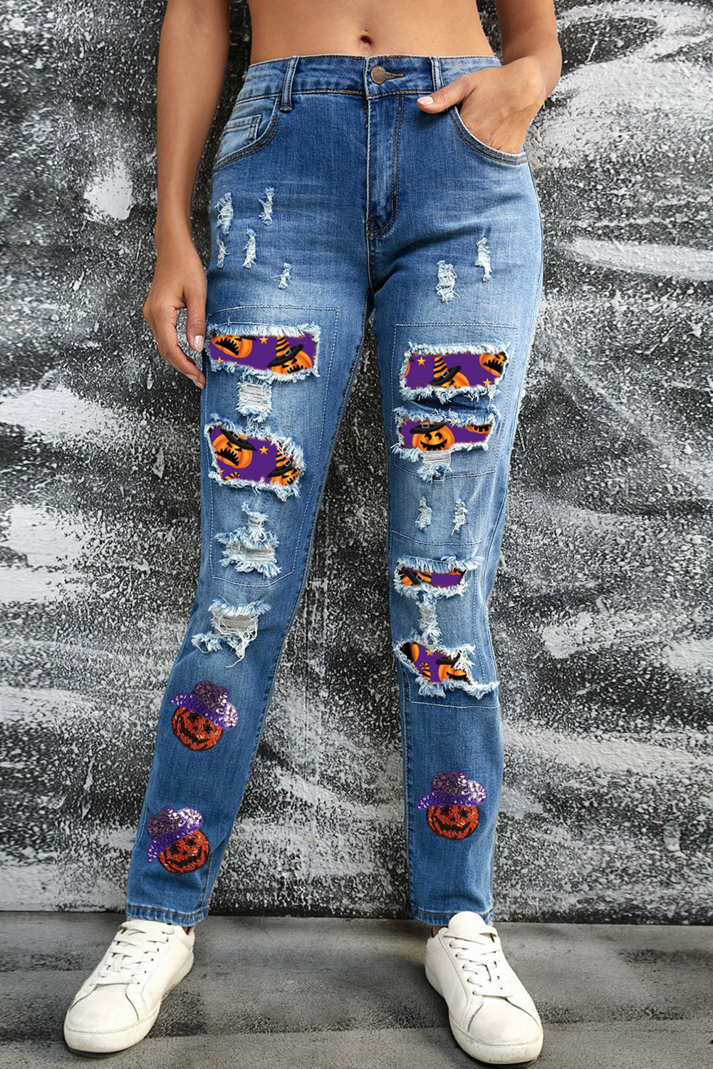 Sequin Pumpkin Patched Distressed Straight Leg Jeans