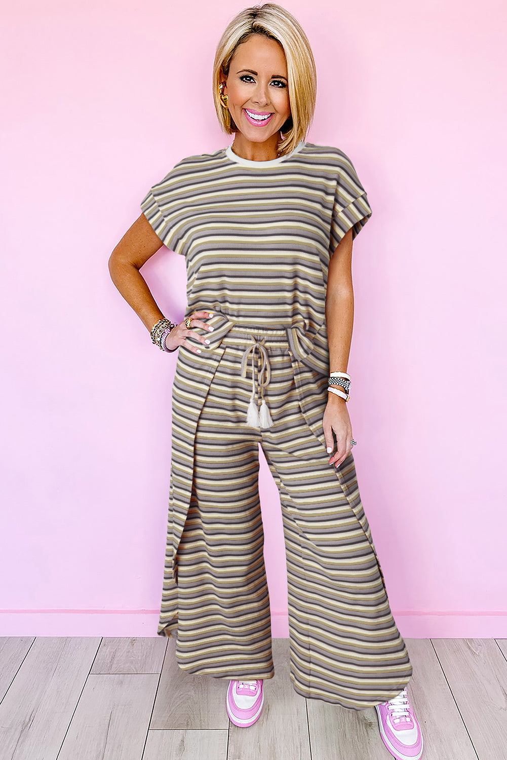 Stripe Tee Tasseled String Wide Leg Pants Set