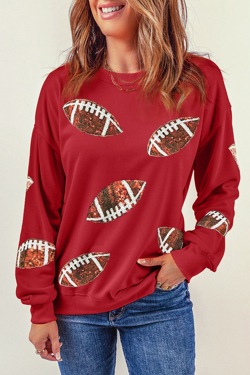 Fiery Red Sequined Football Graphic Drop Shoulder Sweatshirt