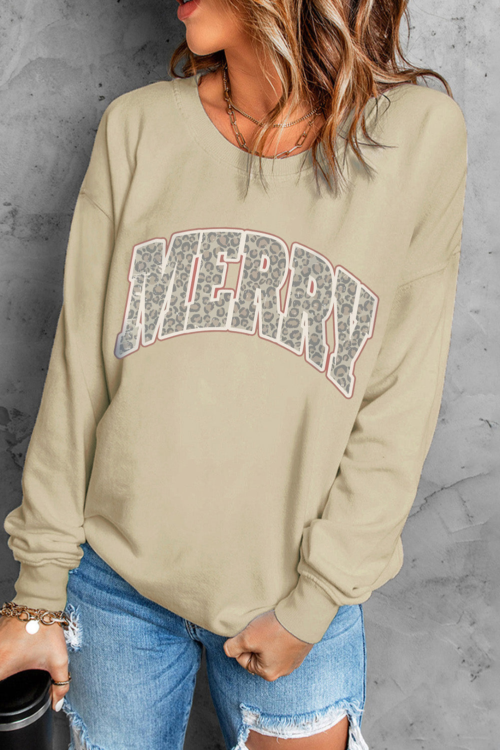 MERRY Leopard Print Long Sleeve Graphic Sweatshirt